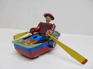 lot 384 image: Vintage Tin Litho Reproduction Windup Toy Fisherman Rowing In Boat