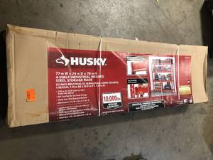 lot 39 image: Husky 4-Tier Industrial Duty Steel Freestanding Garage Storage Shelving Unit in Red (77 in. W x 78 in. H x 24 in. D)  Customer Returns See Pictures