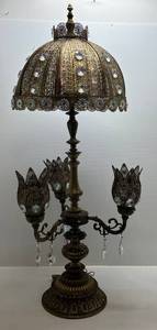 lot 1 image: Loevsky & Loevsky Pierced Orientalist Hollywood Regency Table Lamp (3 Way Action) 46 Tall