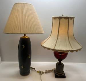 lot 4 image: Two Table Lamps 1 Kosmos Brenner Cranberry Glass Oil Lamp (Electrified)