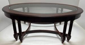 lot 5 image: Oval Wooden & Etched Glass Coffee Table 49L x 30W x 18T