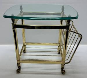 lot 7 image: Vintage Heavy Brass & Glass Side Table With Magazine Rack