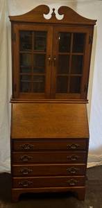 lot 14 image: Vintage Willett Brand Two Piece Cherry Wood Hutch & Secretary Desk With 4 Dovetail Drawers 76T x 32W x 20D