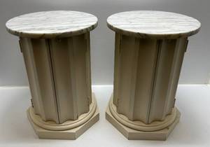 lot 22 image: Two Marble Top Pillar Cabinet Side Tables 16 x 22T