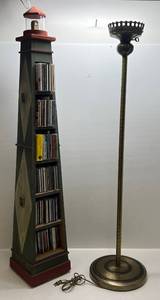 lot 32 image: Wooden Lighthouse Swivel Cd Rack 53T & Ornate Metal Floor Lamp
