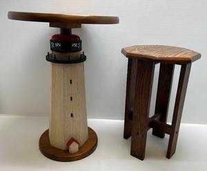 lot 33 image: Wooden Lighthouse Side Table 16 x 23T & Oak Plant Stand 11 14 x 18T