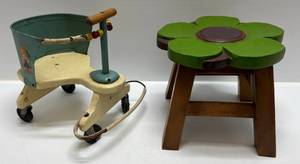 lot 34 image: Flower Stool & Antique Baby StrollerWalker