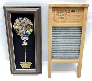 lot 49 image: Framed Costume Jewelry Art & Vintage Miniature Lingerie Washboard With Advertisement 18T x 8 12W