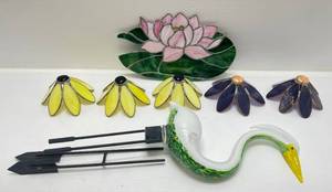 lot 66 image: Misc. Stained Glass Flowers & Hand Blown Glass Heron Lawn Sculpture