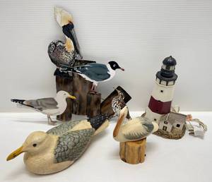 lot 65 image: Misc. Nautical Themed Dcor Including Hand Carved Wood Seagull (HUKK), Metal Sculpture & More