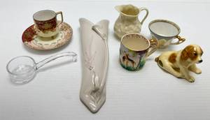lot 74 image: Misc. Vintage Cups & More  Including Hillborn Pottery , Belleek (Black Mark) Small Chip And Ucagco Occupied Japan (Small Dog Has Repaired Leg)