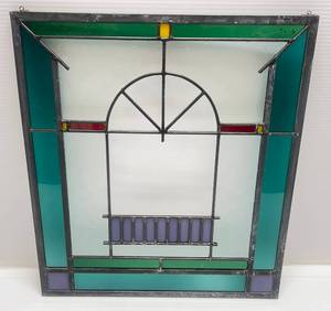 lot 79 image: Vintage Stained Glass Piece 17 38W x 19 14T (Crack In Top Left Green panel)