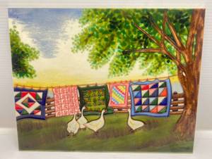 lot 80 image: Isabelle Malo 11x14 Hand Painted Tile Geese Amidst The Laundry