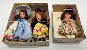 lot 85 image: 3 Nancy Ann Storybook 5 Dolls 2  Original Boxes 122,163 1No Box #123