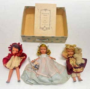 lot 86 image: 3 Nancy Ann Storybook 5 Dolls 1 Little Red Riding Hood # 116, 1 #154 Curly Locks With Original Box, 1 Goldilocks With Bear (Missing Cup)
