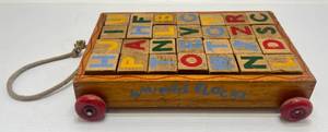 lot 89 image: 1940s Whimsie Wood Blocks & Pull Wagon