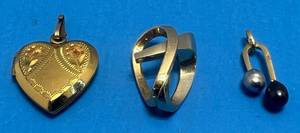 lot 165 image: Misc. Gold Pendants 1 Heart 10K G.F. 3.23 G, 1 14K 5.54 G, 1 18K 1.08 G Approx Weight