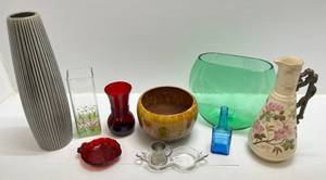 lot 202 image: Misc. Vintage Items Including Haeger, Ruby Glass Leaf Shaped Ashtray & More