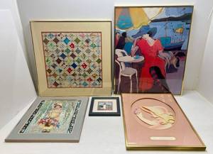 lot 209 image: Misc. Framed Behind Glass Items Including Patched Quilt & More