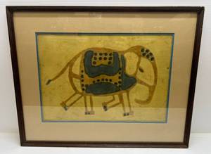 lot 210 image: M Goldberg Dyed Canvas Elephant Print Behind Glass 23 x 29