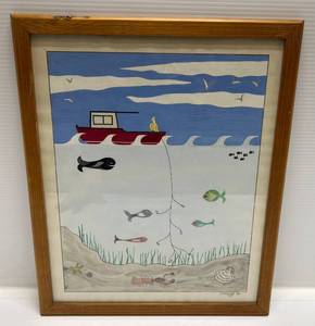 lot 216 image: Judy Wakefield Original Acrylic Painting Folk Art Fisherman Framed Behind Glass 15 18 x 18 38