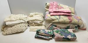 lot 217 image: Misc. Floral Bedding 1 Single, 1 Twin & Crocheted Items Including Valances, Bed Covering & More