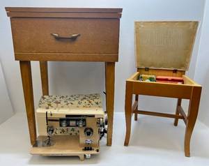 lot 228 image: Dressmaker Deluxe With Push Button Zig Zag Sewing Machine, Cabinet, Chair And Sewing Supplies