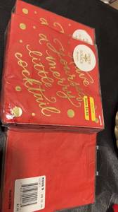 lot 57 image: NIP Assorted Christmas Lot Paper Plates, Napkins, Salt and Pepper Shaker, and Small Home Decor Sign