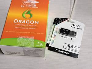 lot 199 image: Electronics - (2) 256GB USB Flash Drives, (1) Dragon Speech Recognition Software