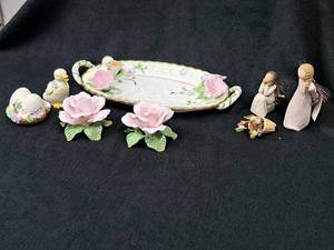 lot 104 image: Lot of (7) Avon China Home Dcor - (2) Flowers, (1) Platter, (2) Salt & Pepper Shakers, (2) Angels
