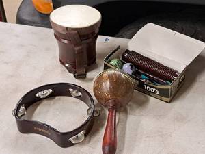 lot 237 image: Lot of (10) Assorted Musical Instruments - Tamborine, Maracca, Drum and more