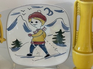 Decorative Norwegian Plate and Two Vintage Yellow Pottery Vases