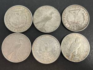 lot 45 image: GROUP OF 6 US SILVER DOLLARS 3 MORGAN 3 PEACE