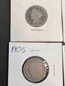 lot 50 image: GROUP OF 4 US V NICKELS 1888 1890 1905 1912