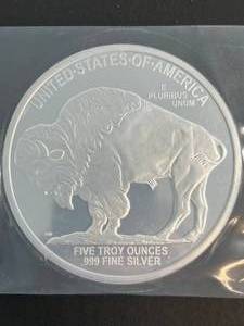 lot 76 image: 5 TROY OZ .999 FINE SILVER INDIAN BUFFALO ROUND