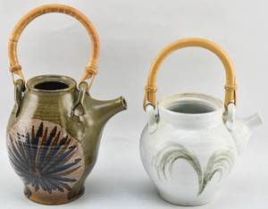 lot 196 image: 2 Decorated Ceramic Teapots with Wooden Handles