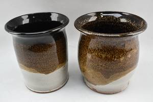 lot 188 image: 2 Large Hand Thrown Brown & Tan Ceramic Vessels by Mary Catherine Swartout