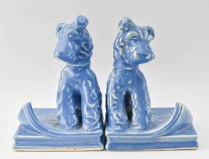 lot 123 image: Pair of Ceramic Book of Law Blue Terrier Bookends