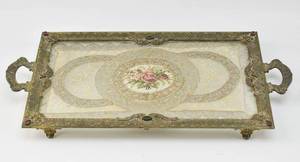 lot 125 image: Antique Jeweled Silvercraft Perfume Vanity Tray Ormolu Filigree Lace