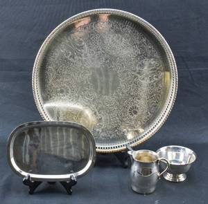lot 138 image: W & S Blackington Silver Plated Footed Platter and Plate with Creamer and Sugar Bowl