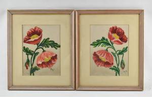 lot 32 image: Pair of Poppy Paintings on Silk, Signed, Artist Unknown