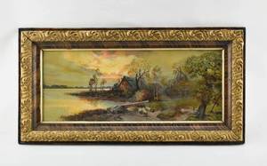 lot 35 image: Framed Lithographic Print of Lakeside Cabin