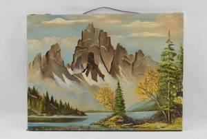 lot 36 image: Henderson 1966 Original Oil on Canvas of Mountain Scene, Unframed