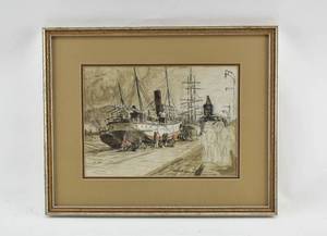 lot 39 image: Original Ink, Watercolor, and Pencil Illustration of Large Ship Harbor-Side