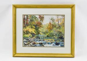 lot 40 image: Framed Digital Print of Impressionist Autumnal River Oil Painting