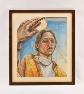 lot 44 image: Original Oil Pastel Illustration of Persons Reflection in Mirror