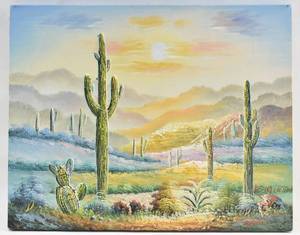 lot 86 image: Signed Painting on Canvas of a Desert Cactus Sunrise
