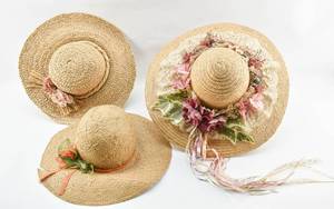 lot 153 image: 3 Vintage Woven Sun Hats with Floral Embellishments