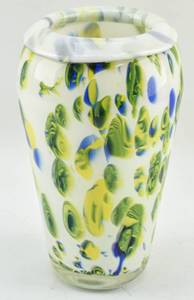 lot 64 image: White Art Glass Vase with Yellow & Blue Details
