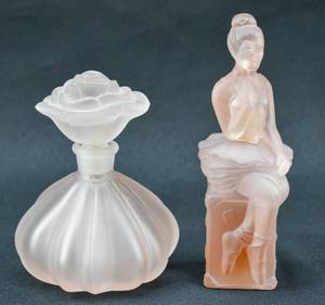 lot 65 image: 2 Pink Frosted Glass Perfume Bottles